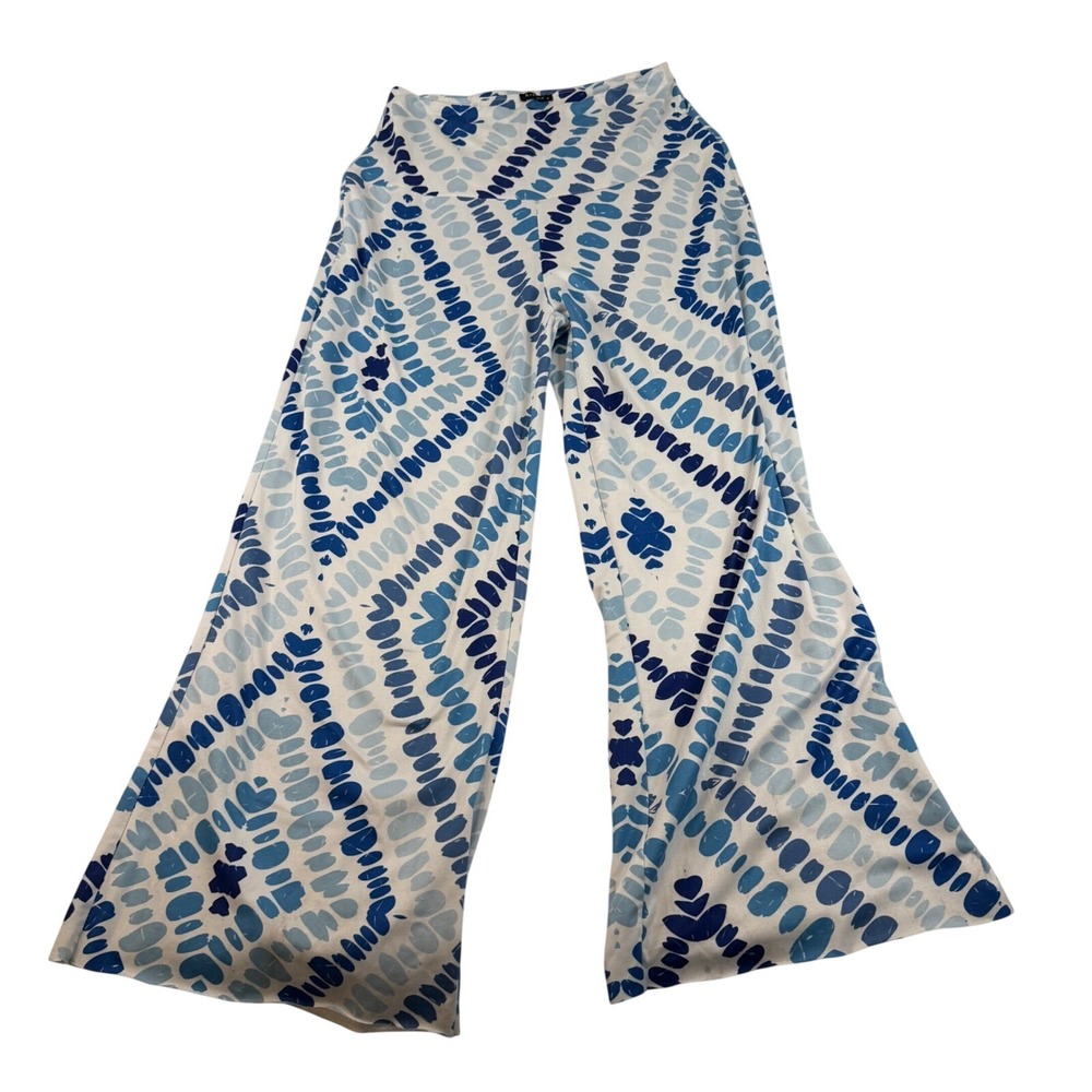 Arolina Blue White Geometric Tie Dye Wide Leg Palazzo Pants Small High Waist